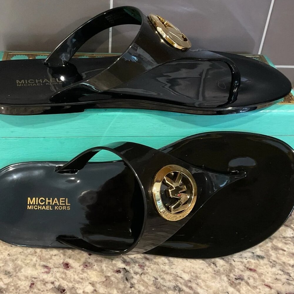Michael Kors Jelly slides Black sandals Round MK logo Womens size 8 9 10 11 - Picture 2 of 3